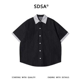 SDSA男装2026新款高贵轻奢潮牌撞色领双口袋牛仔短袖衬衫百搭时尚