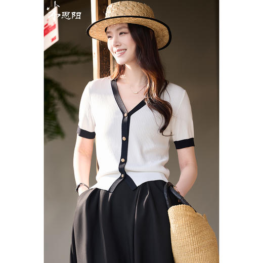 米思阳2026春夏新款撞色V领小香针织开衫女夏季复古短袖针织衫T恤女6076 商品图0