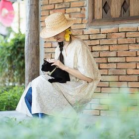 绽放164朵/纯棉复古撞色碎花v领中袖连衣裙松弛感宽松连身袖长裙