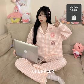 新款少女带胸垫睡衣春秋季长袖长裤开衫翻领家居服套装防凸点夏季M-3XL★娃娃优选