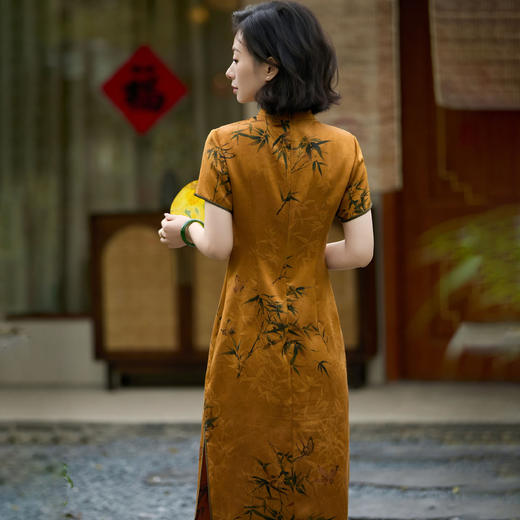 西子/金竹蝶梦19姆米桑蚕丝非遗香云纱红云纱提花旗袍/QPTJ1099 商品图4