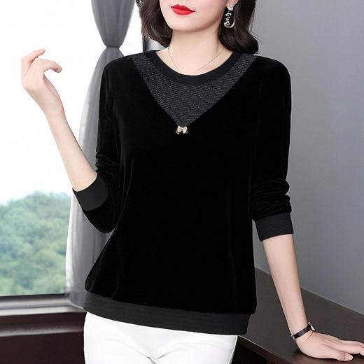 高端金丝绒上衣高贵洋气大码宽松黑色打底衫女春秋2026款长袖t恤 商品图1