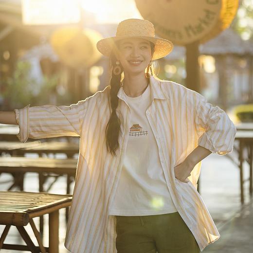 绽放141朵/条纹长衫*侧开衩汉麻棉混纺中长款轻薄衬衫夏新款小衫 商品图0