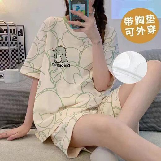 女士睡夏季带胸垫短袖短裤七分裤薄款可外穿两件套装家居M-3XL★娃娃优选 商品图3