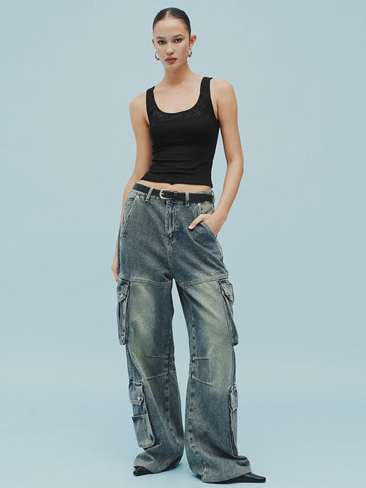 TR她热 时尚心机 黑色蕾丝拼接天丝羊毛带胸垫百搭基础露背背心吊带 商品图2