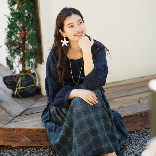 绽放123朵/色织亚麻拼接半开襟T恤女上衣下摆可系带旅行文艺小衫 商品图2