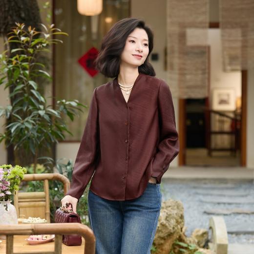 西子/落霞26姆米桑蚕丝桑波缎非遗红云纱斜纹V领衬衣/CSTJ1059 商品图3