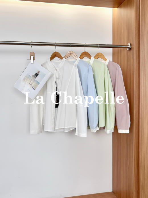 专柜实拍【法式气质！】拉夏贝尔/La Chapelle纯棉亲肤别致撞色领单排扣灯笼袖小众设计休闲衬衫上衣 商品图0