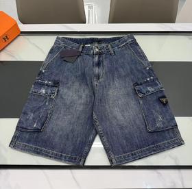 F032515新款百搭情侣款硅胶LOGO拼接口袋军工牛仔男士短裤