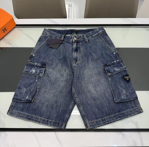 F032515新款百搭情侣款硅胶LOGO拼接口袋军工牛仔男士短裤 商品图0