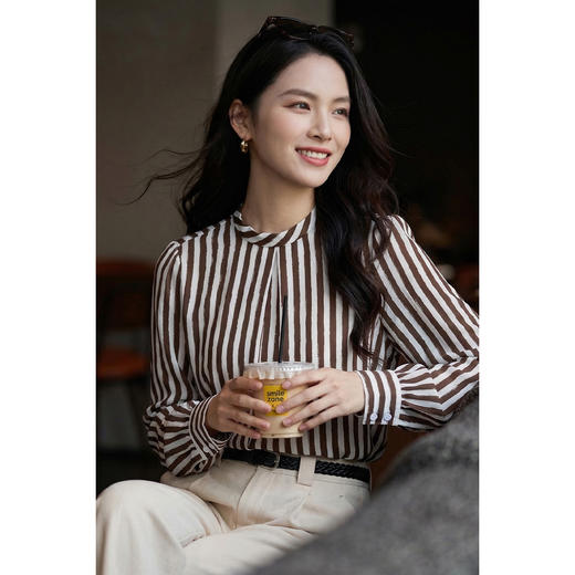 米思阳2026春季新款通勤风OL优雅条纹衬衫半高领气质直筒衬衣女4258 商品图2