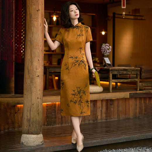 西子/金竹蝶梦19姆米桑蚕丝非遗香云纱红云纱提花旗袍/QPTJ1099 商品图0