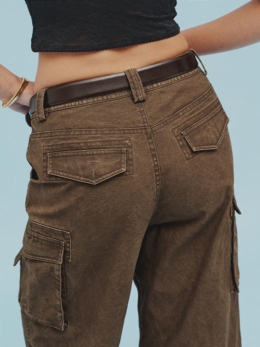 TR她热 街拍现场 棕色水洗做旧毛边复古松弛口袋工装七分牛仔裤 商品图4