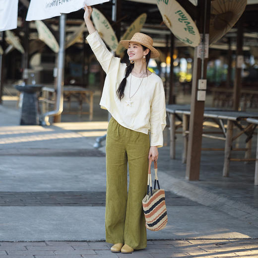 特绽放145朵/松弛微喇裤*春季轻薄亚麻直筒阔腿裤女垂感休闲长裤 商品图2