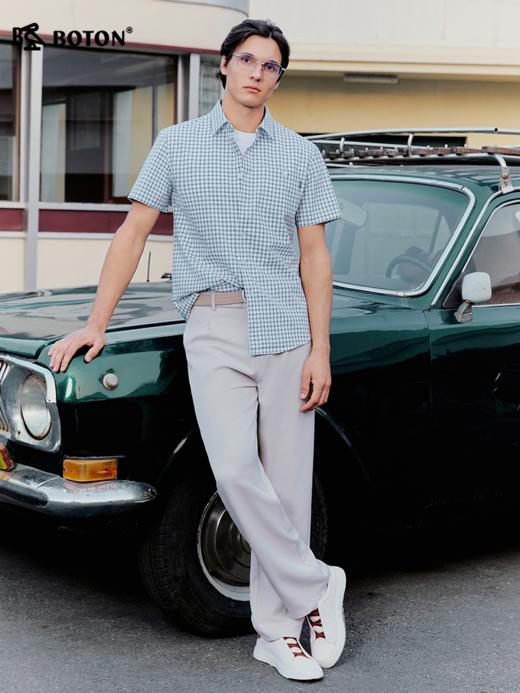 波顿男士夏季翻领格仔短袖衬衫｜亲肤透气，合身版型穿出利落感MS163226 商品图1