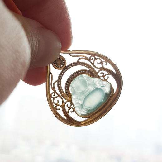 【天然正品】A货翡翠AU750黄金镶钻镶天然细腻浅青冰种佛公造型翡翠吊坠项链 佛公：17.6*14.8MM 131125AH22 商品图3