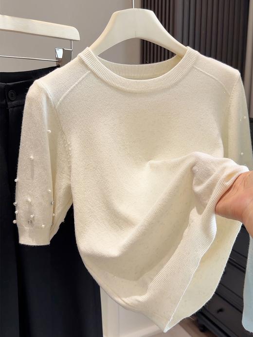 2026夏季新款 韩版小众设计感珍珠点缀宽松百搭针织衫 短袖T恤上衣女 商品图6