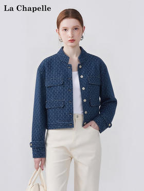 天猫同步【老钱调调~】拉夏贝尔/La Chapelle简约设计立领排扣肌理感小香外套百搭个性牛仔夹克上衣