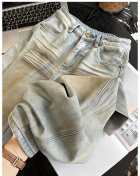 F032580复古做旧脏脏牛仔裤女新款柔软垂感宽松阔腿长裤