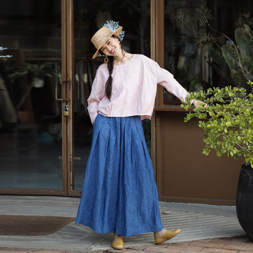 特绽放119朵/随风*干洗亚麻成衣染色圆领T恤女上衣慵懒松弛感小衫 商品图2