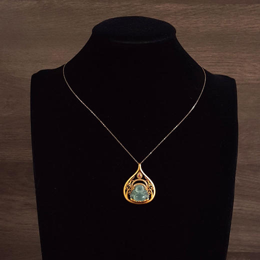 【天然正品】A货翡翠AU750黄金镶钻镶天然细腻浅青冰种佛公造型翡翠吊坠项链 佛公：17.6*14.8MM 131125AH22 商品图9