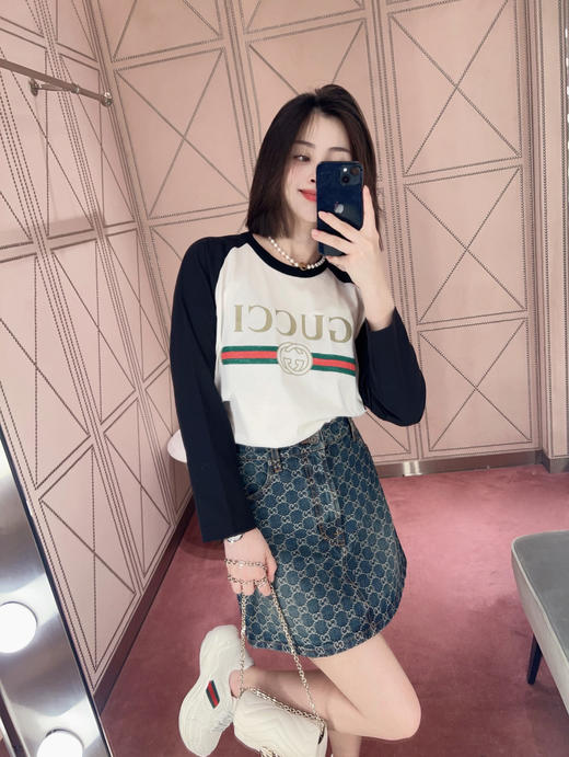 古驰 黑白撞色复古织带印花短袖T恤 商品图1