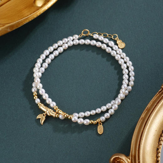 子佩集【竹韵华年】银S925珍珠惜王妃手链【QNS0024-9】3mm珠镀金竹叶2601 商品图0