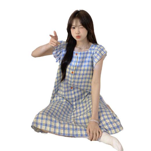 少女新款云朵棉吊带睡裙睡衣夏季甜美格子纹蓝色复古泡泡袖可外穿M-2XL★娃娃优选 商品图4
