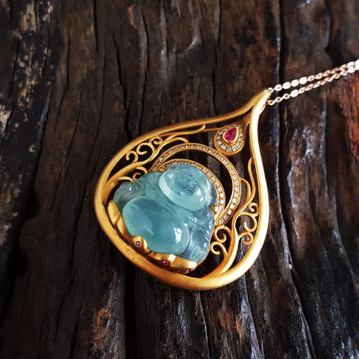 【天然正品】A货翡翠AU750黄金镶钻镶天然细腻浅青冰种佛公造型翡翠吊坠项链 佛公：17.6*14.8MM 131125AH22 商品图6