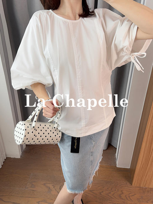 专柜实拍【商场同款！】拉夏贝尔/La Chapelle极简圆领泡泡袖抽绳后背拉链全棉短袖衬衣百搭纯色上衣 商品图2