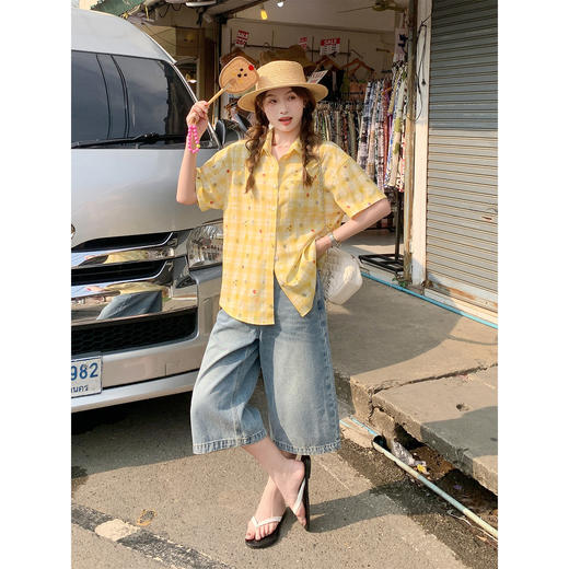 <曾小咸推荐>韩系黄色格子polo短袖衬衫 商品图1