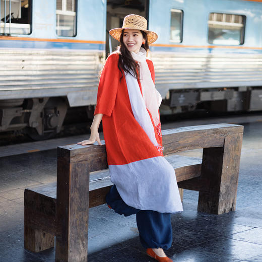 特绽放144朵/出片撞色裙*亚麻V领撞色圆领七分袖连衣裙夏度假长裙 商品图2