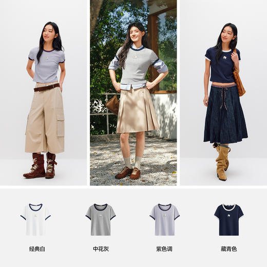 商场同款|森马插画师联名短袖T恤女夏季短款修身撞色2026新款上衣 商品图4