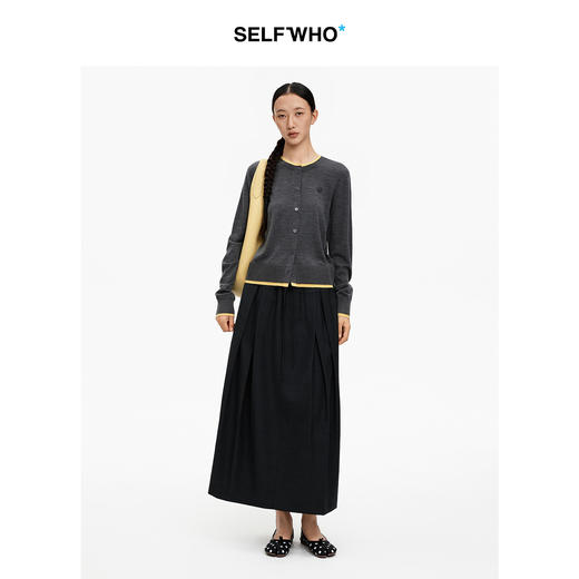 SELFWHO绵羊毛混纺宽腰头抽绳包臀半身裙女2026夏新款收腰A摆半裙 商品图3