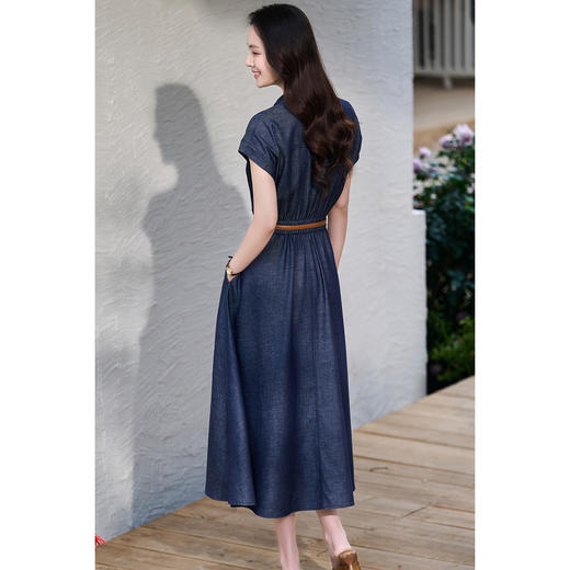 港风复古~天丝亚麻仿牛仔 凉感垂坠 米思阳2026春夏新款深蓝色衬衫领连衣裙女气质收腰显瘦牛仔裙子6147 商品图3