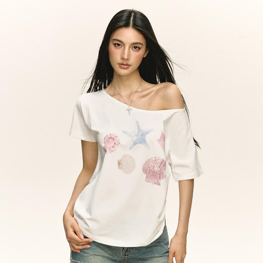 Ariseism 美式复古海星印花斜肩短袖T恤女夏季新款修身上衣 商品图1