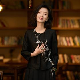 西子/胸有成竹25姆米桑蚕丝非遗香云纱竹叶绣花外套/WTTJ1108