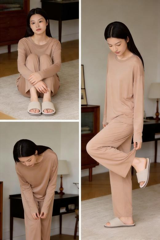 【莫代尔丝滑软糯睡衣套装】女春秋季新款休闲简约纯色长袖舒适透气家居服套装 商品图3