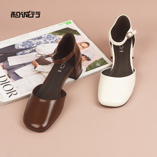和诚行2026夏季新款方头粗跟一字扣带时尚百搭中空单鞋1830061 商品图3