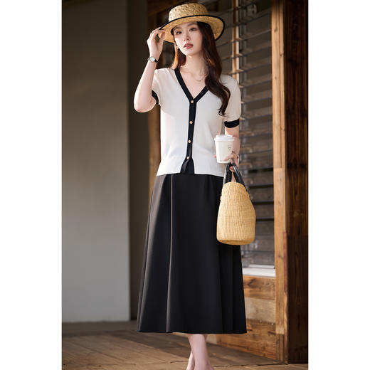 米思阳2026春夏新款撞色V领小香针织开衫女夏季复古短袖针织衫T恤女6076 商品图4