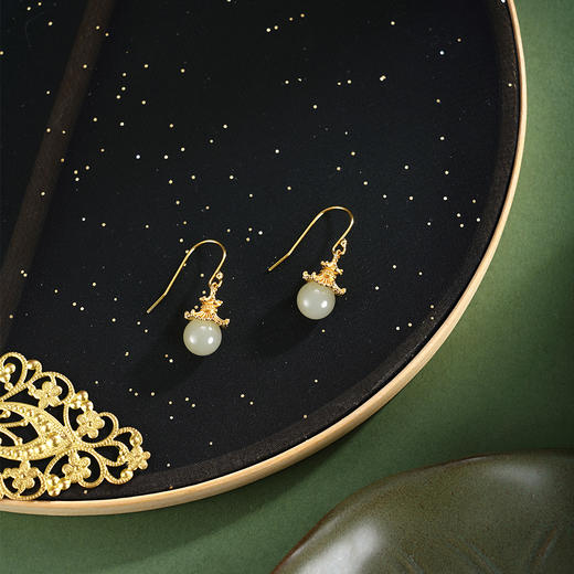 子佩集【云亭缘起】银S925耳环【EG02525】古法银和田玉镀金亭台吊球2602 商品图1