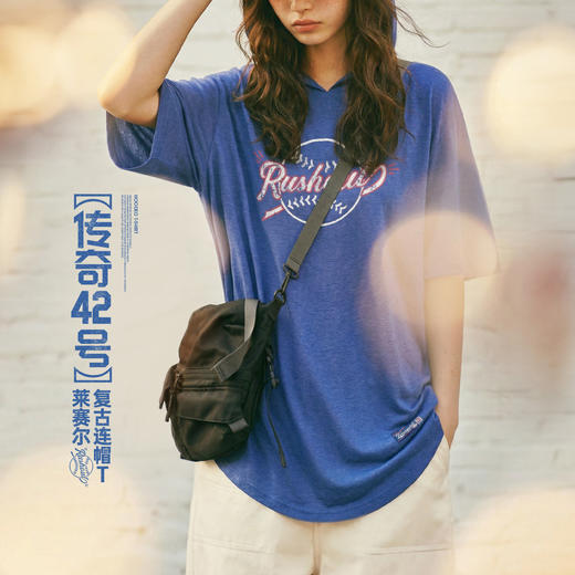 马登复古宽松印花莱赛尔天丝弧形下摆连帽短袖T恤半袖上衣女士夏 商品图0