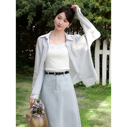 鹿向南「糖霜冰岛」蓝色宽松休闲防晒衬衫女装春夏季长袖外搭上衣 商品图0