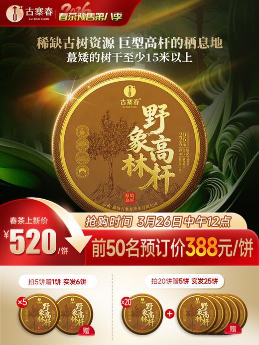 3月26日中午12点【野象林高杆】2026年勐海野象林稀缺古树资源 巨型高杆的栖息地 勐海国有林里的秘境 身处中老缅交界线处 数量稀少 357g/饼 商品图0