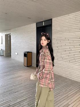 韩国东大门复古格纹翻领宽松长袖衬衫