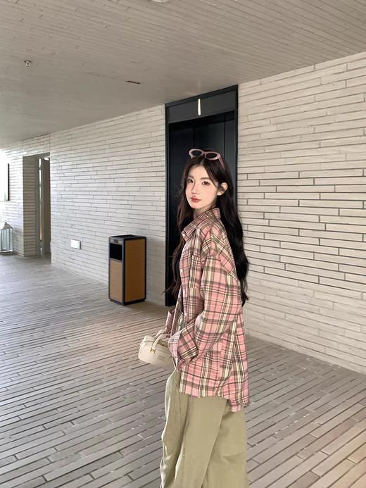 韩国东大门复古格纹翻领宽松长袖衬衫 商品图0