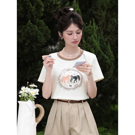 鹿向南【0328/20:00新品前1小时7折限量100件】米白色T恤 商品图3