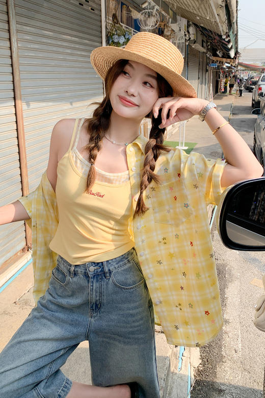 <曾小咸推荐>韩系黄色格子polo短袖衬衫 商品图5