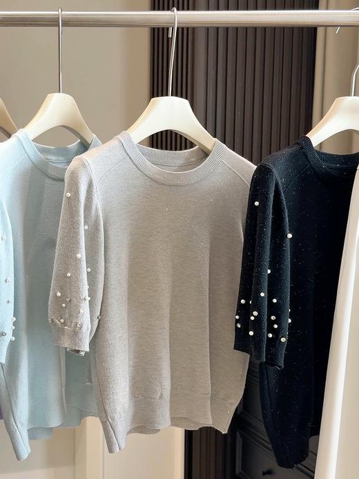 2026夏季新款 韩版小众设计感珍珠点缀宽松百搭针织衫 短袖T恤上衣女 商品图3