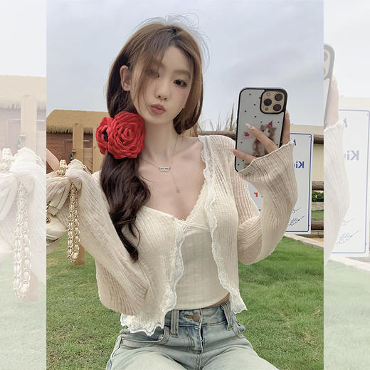 西遇纯欲蕾丝拼接针织开衫女2026春季新款防晒透气温柔风短款上衣SS060243 商品图2